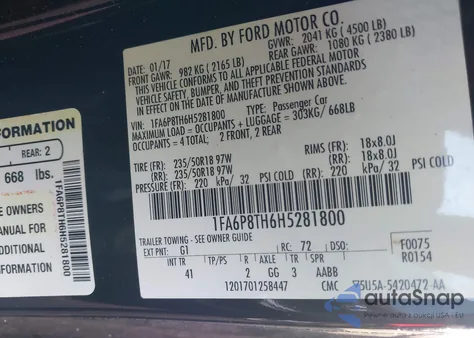 2017 Ford Mustang Ecoboost from USA, damaged, VIN 1FA6P8TH6H5281800